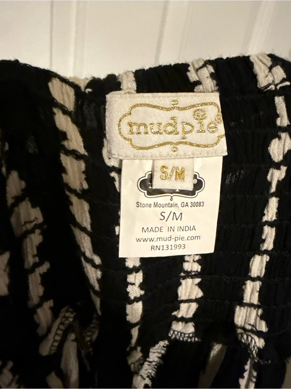 Mud Pie Black White Striped Boho Smocked Skirt Tassel Trim S/M Handkerchief